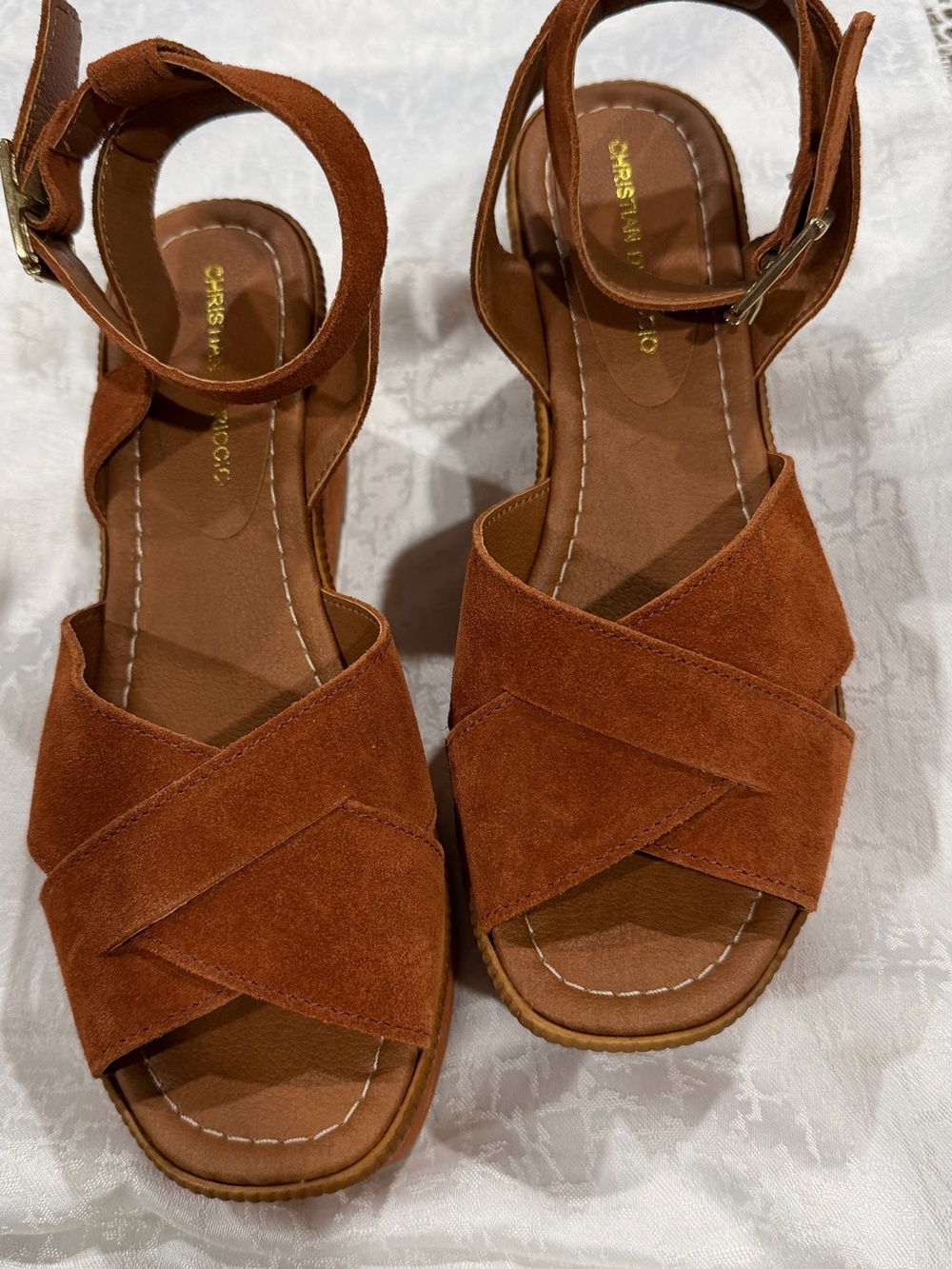 Christian Siriano Rust Suede Crisscross Ankle Strap Sandals